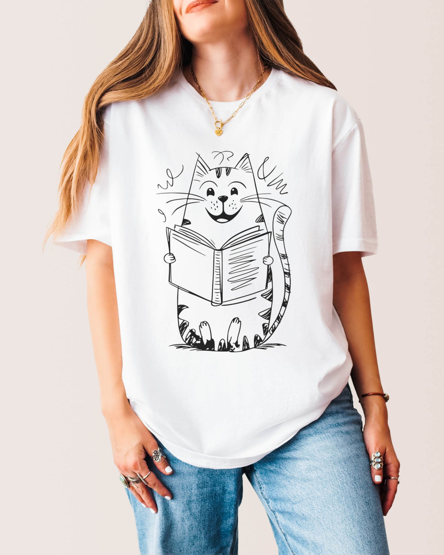 Happy Cat Reading T‑Shirt White