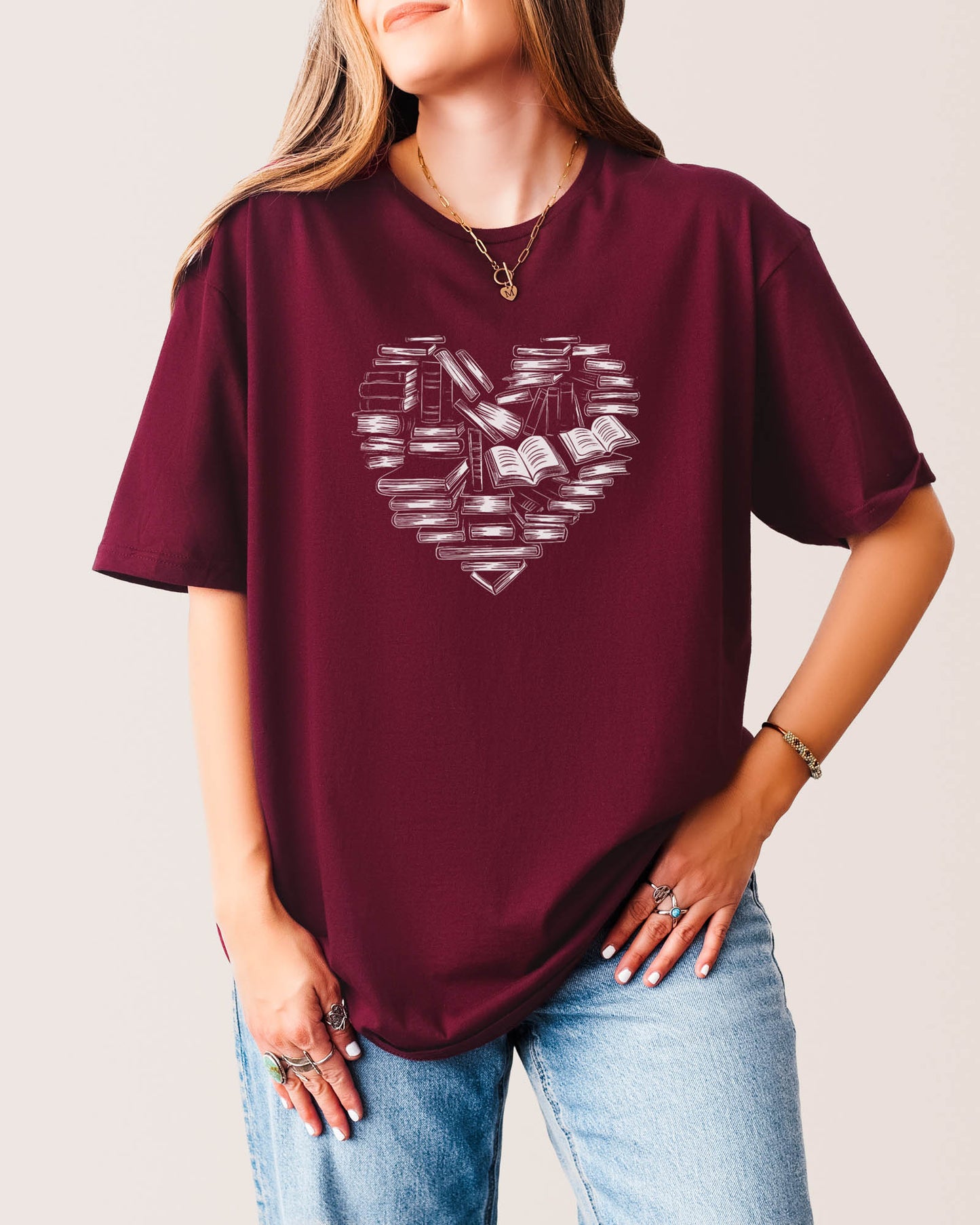 Heart Books T‑Shirt Maroon