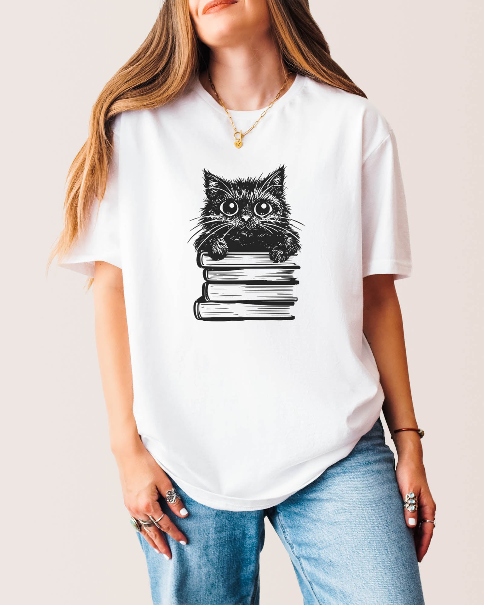 Cat On Books T‑Shirt White