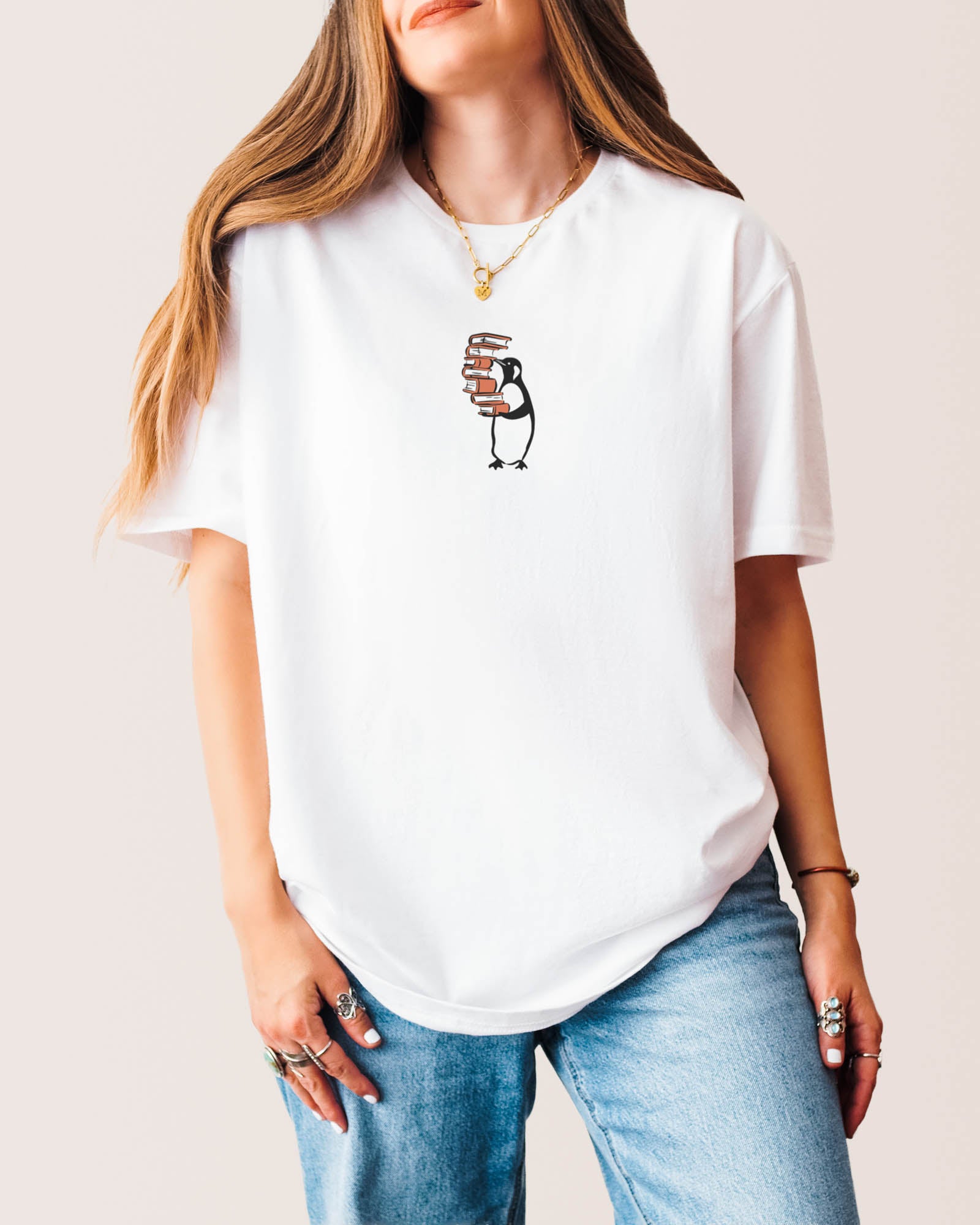 Penguin Carrying Books T‑Shirt White L