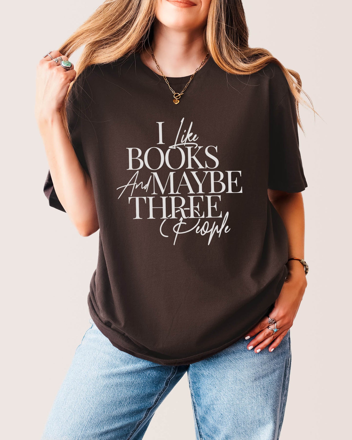 I Like Books And Maybe Three People T‑Shirt Dark Chocolate