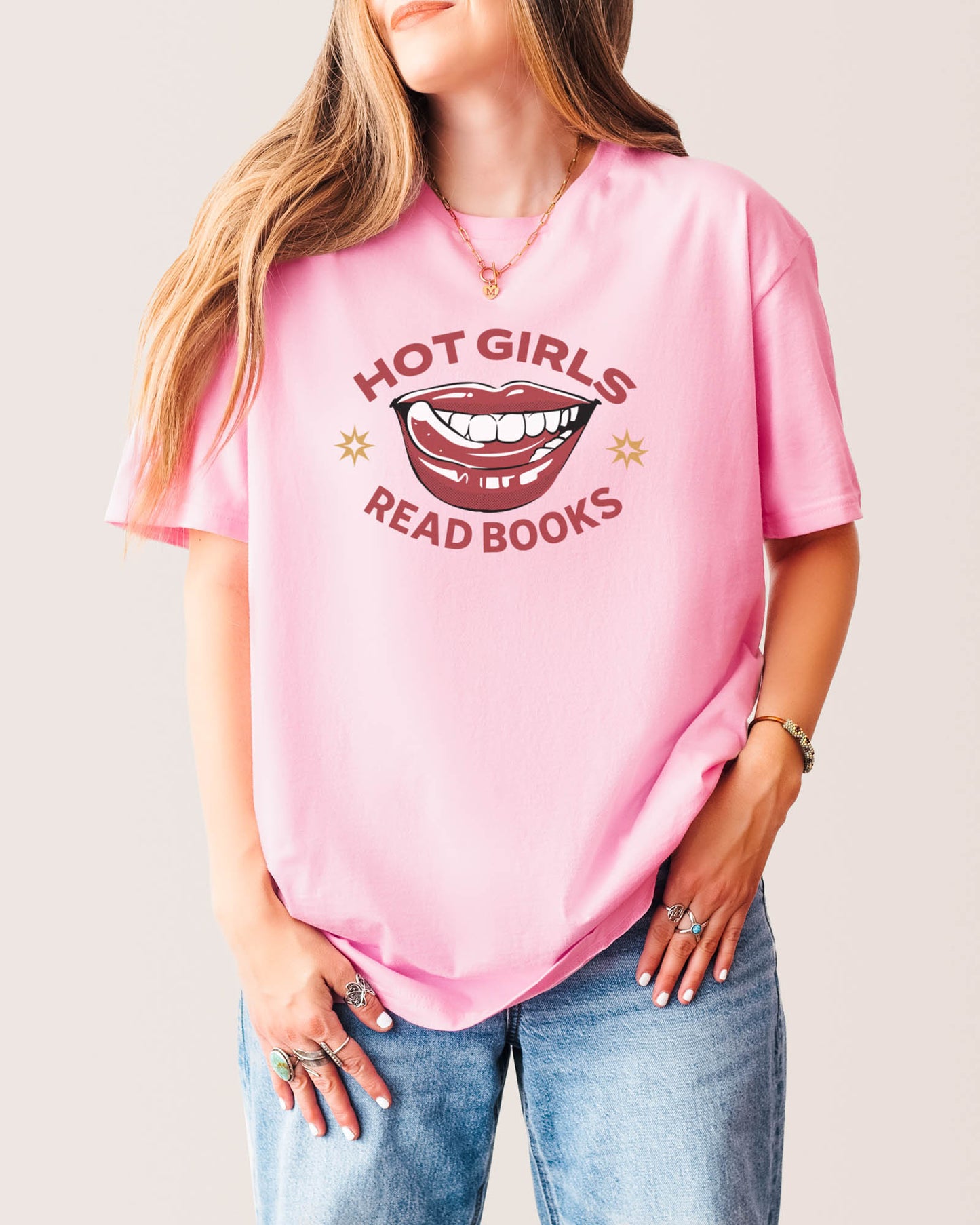 Hot Girls Read Books T‑Shirt Light Pink