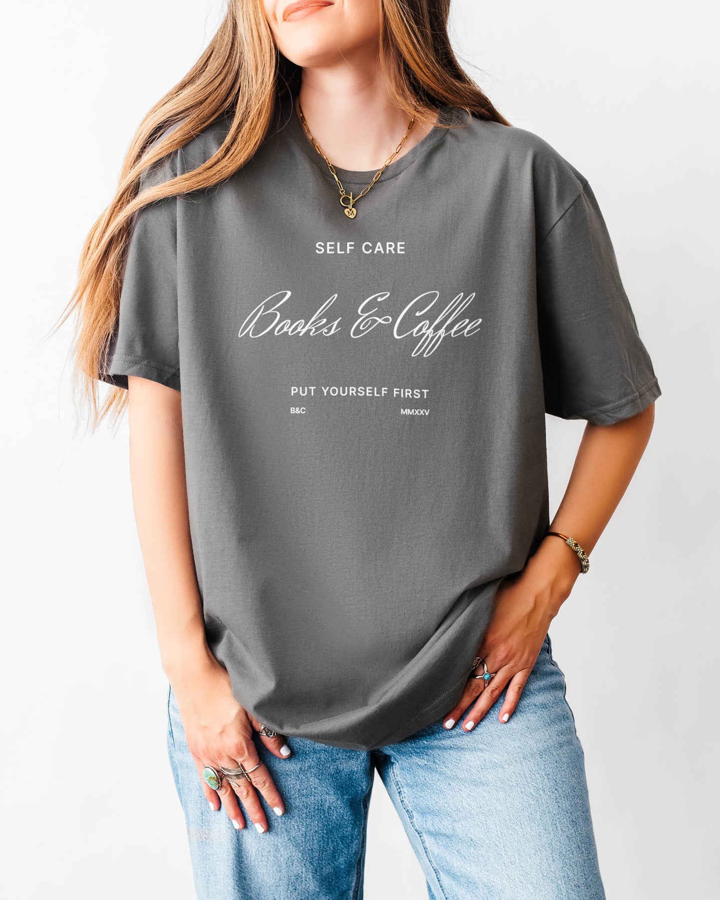 Self Care Books & Coffee T‑Shirt Charcoal