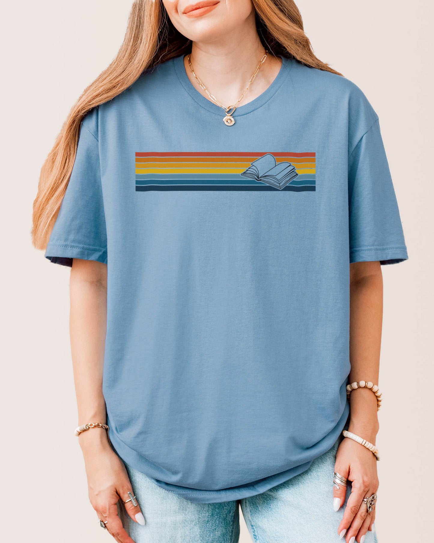 Sunset Stripe Book T‑Shirt Stone Blue