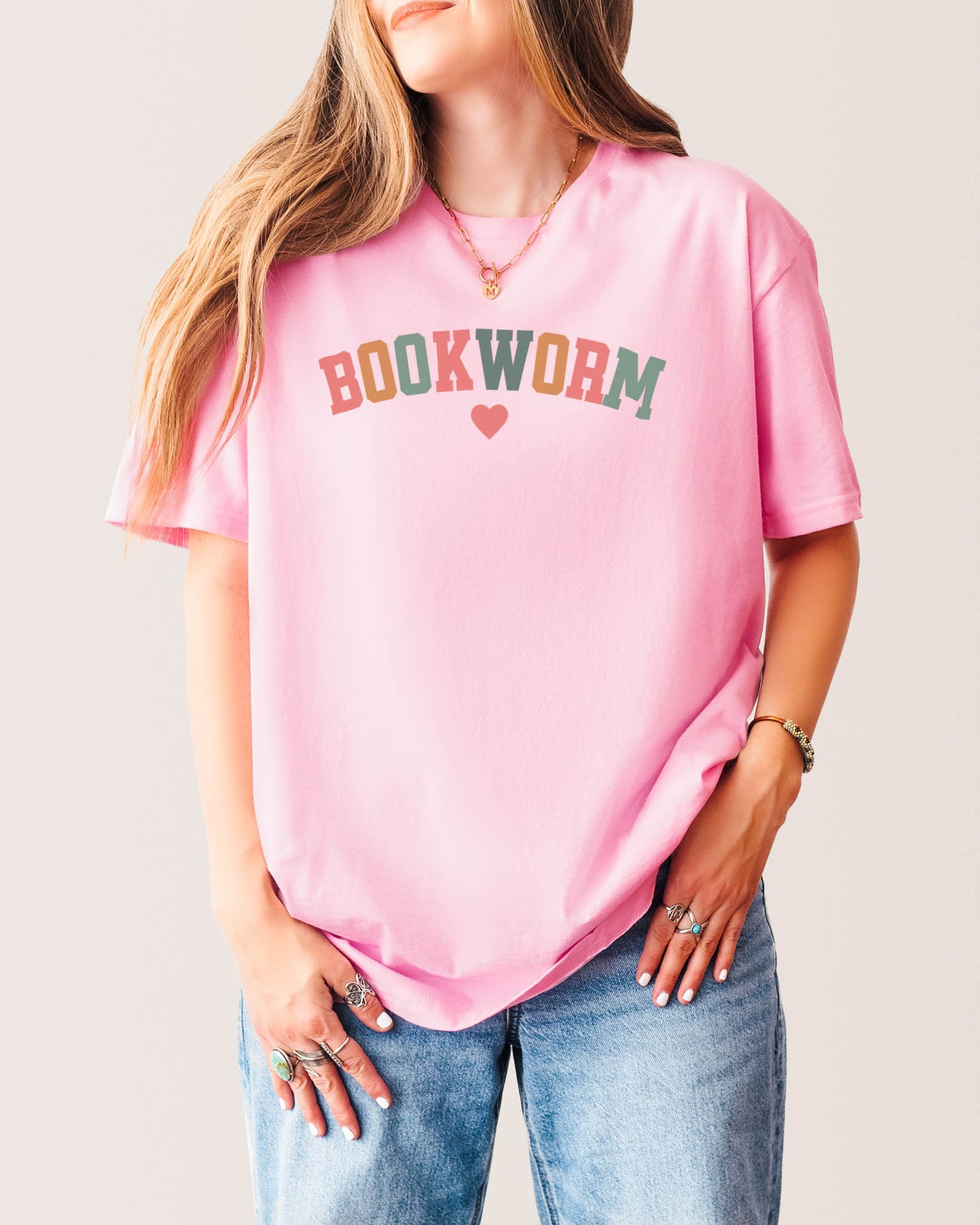 Bookworm Rainbow Text T‑Shirt Light Pink