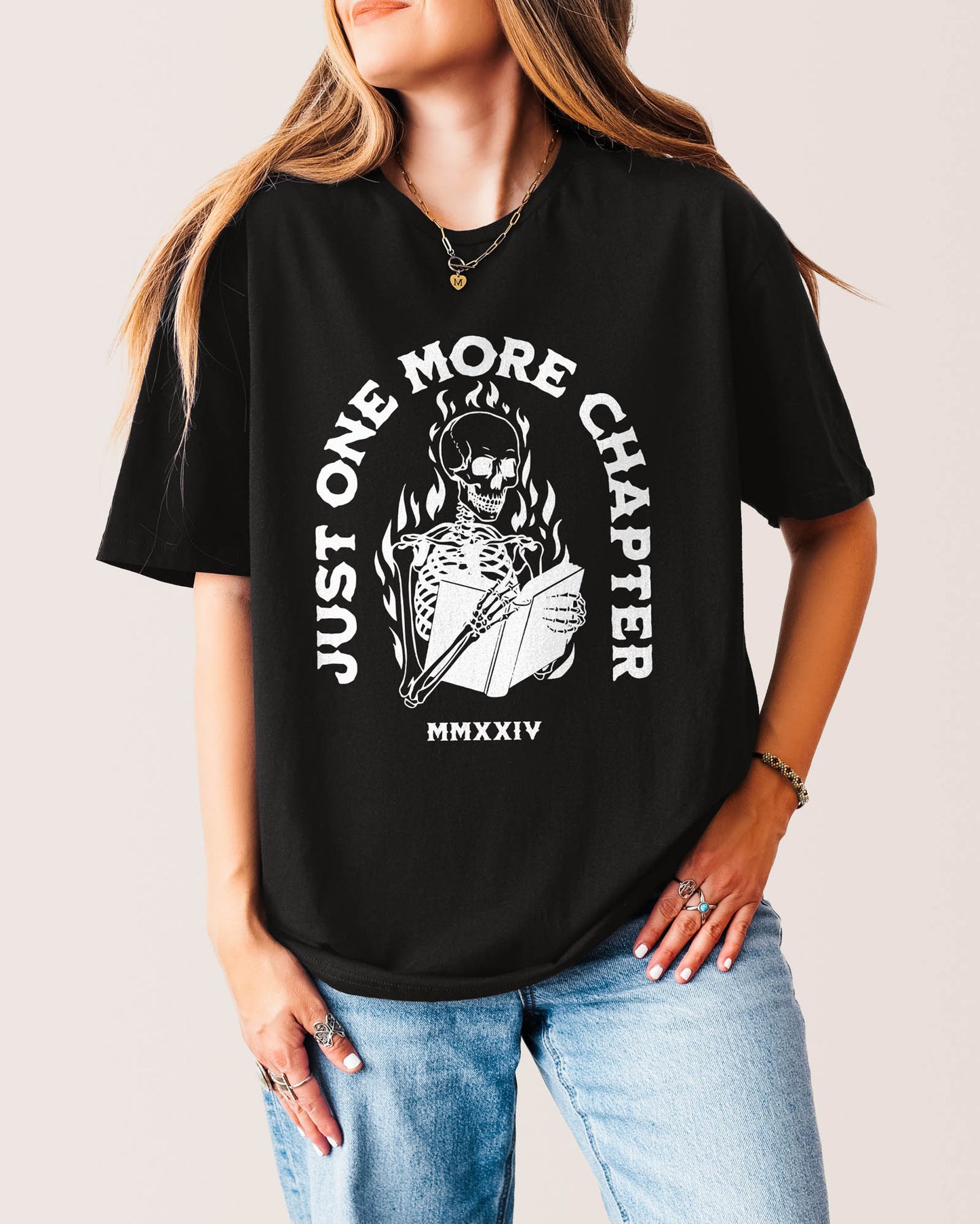 Just One More Chapter Skeleton Flames T‑Shirt Black