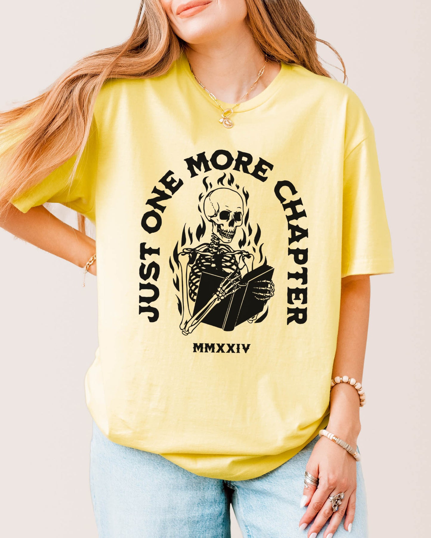 Just One More Chapter Skeleton Flames T‑Shirt Cornsilk