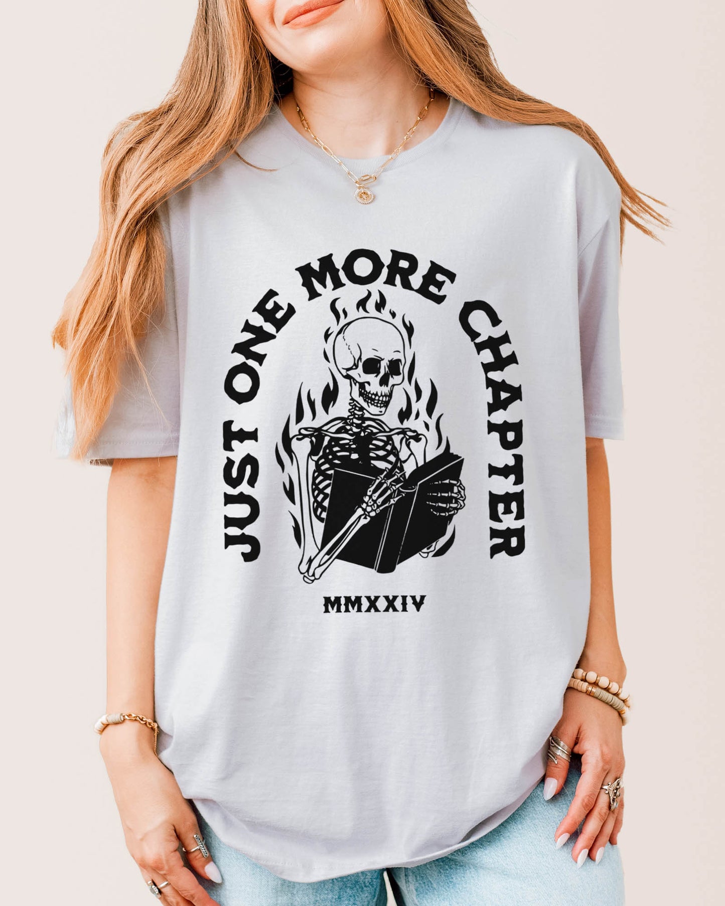 Just One More Chapter Skeleton Flames T‑Shirt Ice Grey
