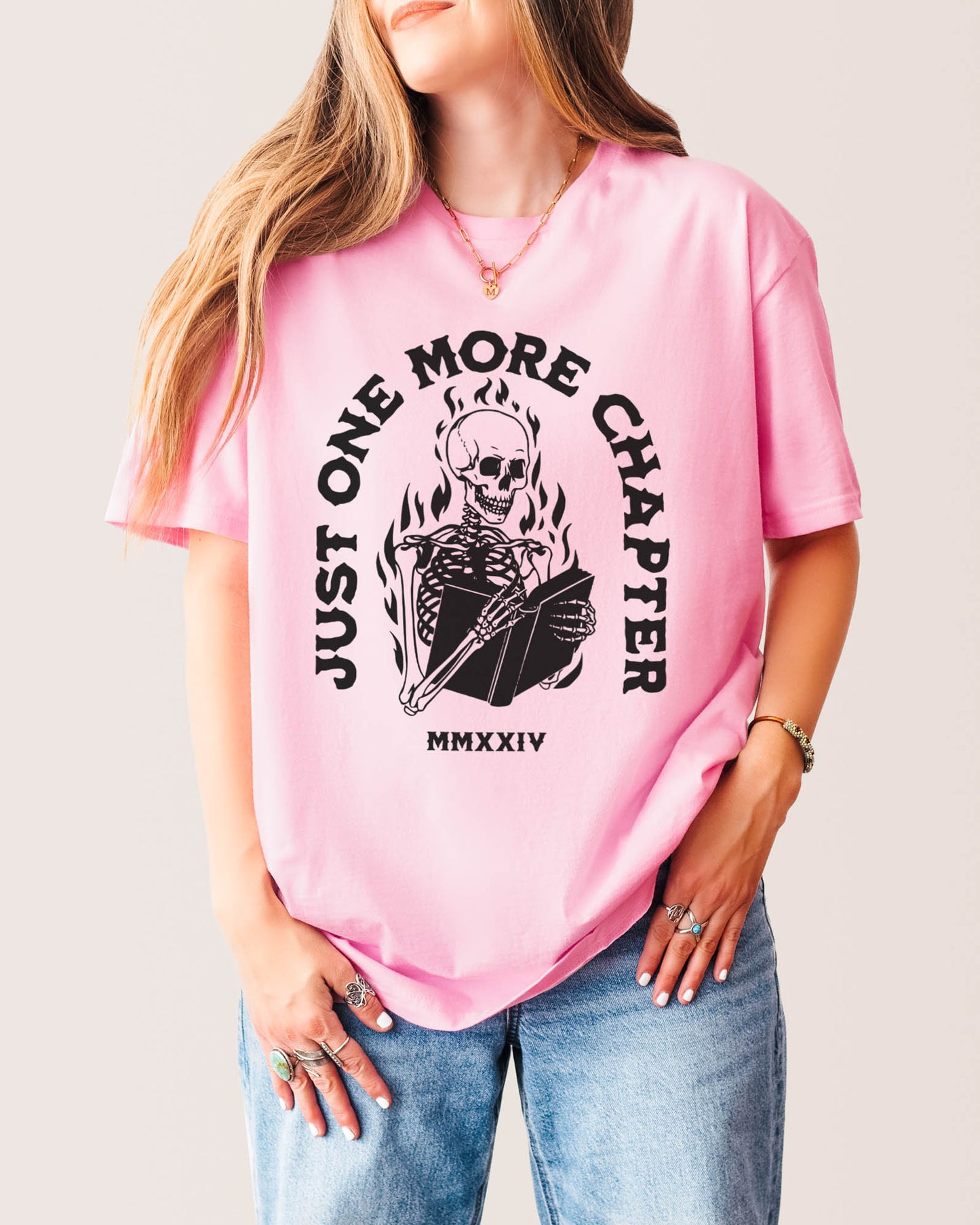 Just One More Chapter Skeleton Flames T‑Shirt Light Pink