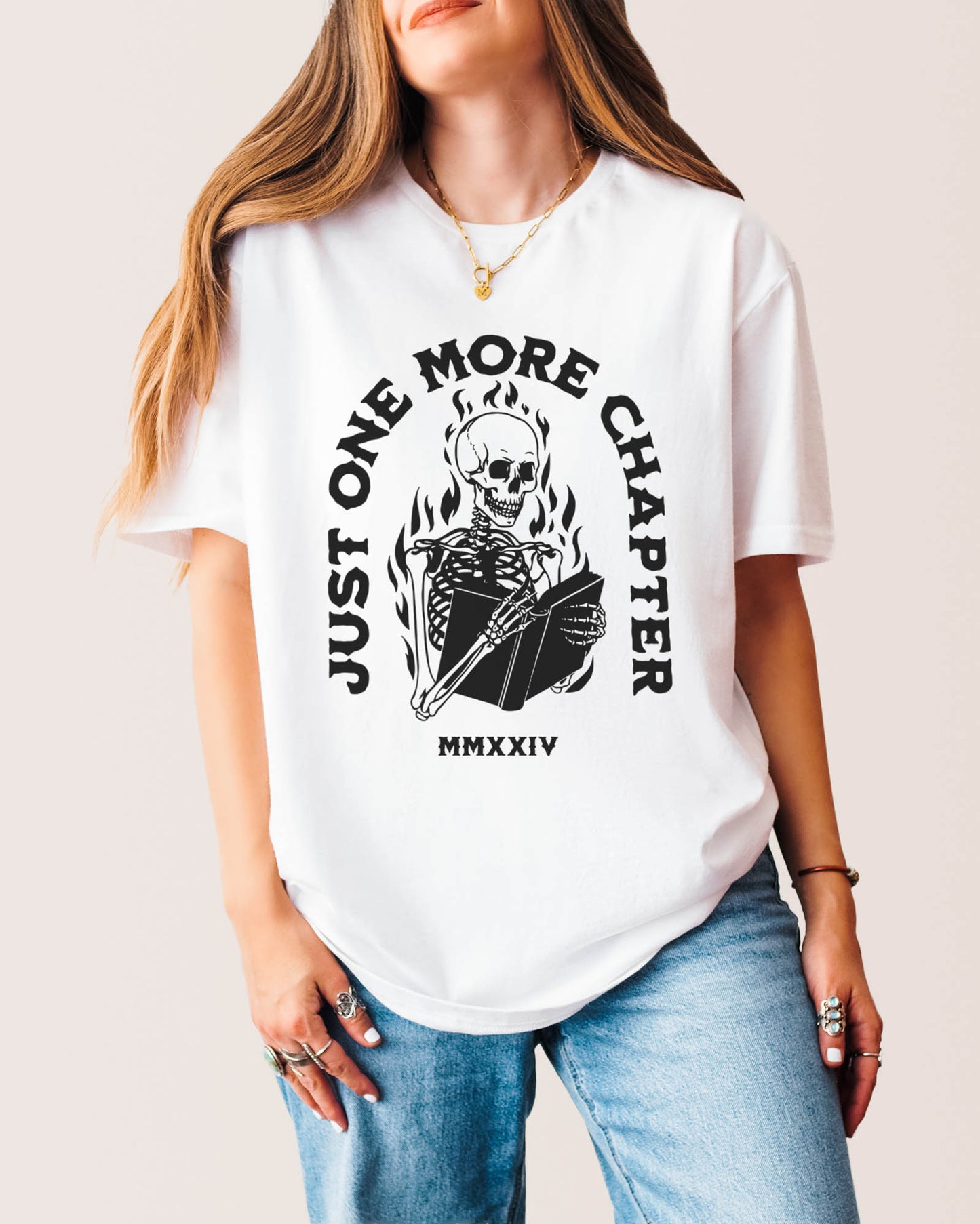 Just One More Chapter Skeleton Flames T‑Shirt White