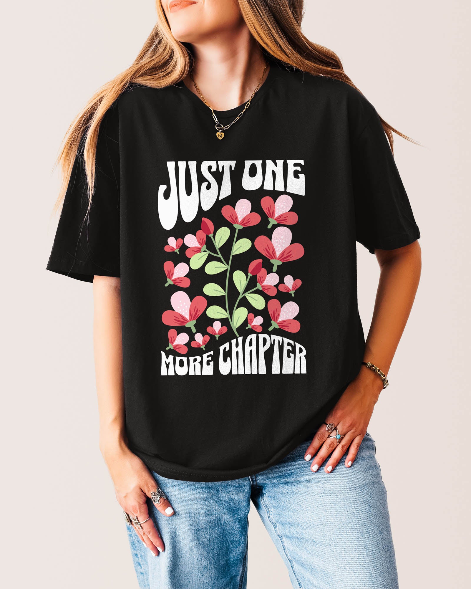 Just One More Chapter Flower T‑Shirt Black