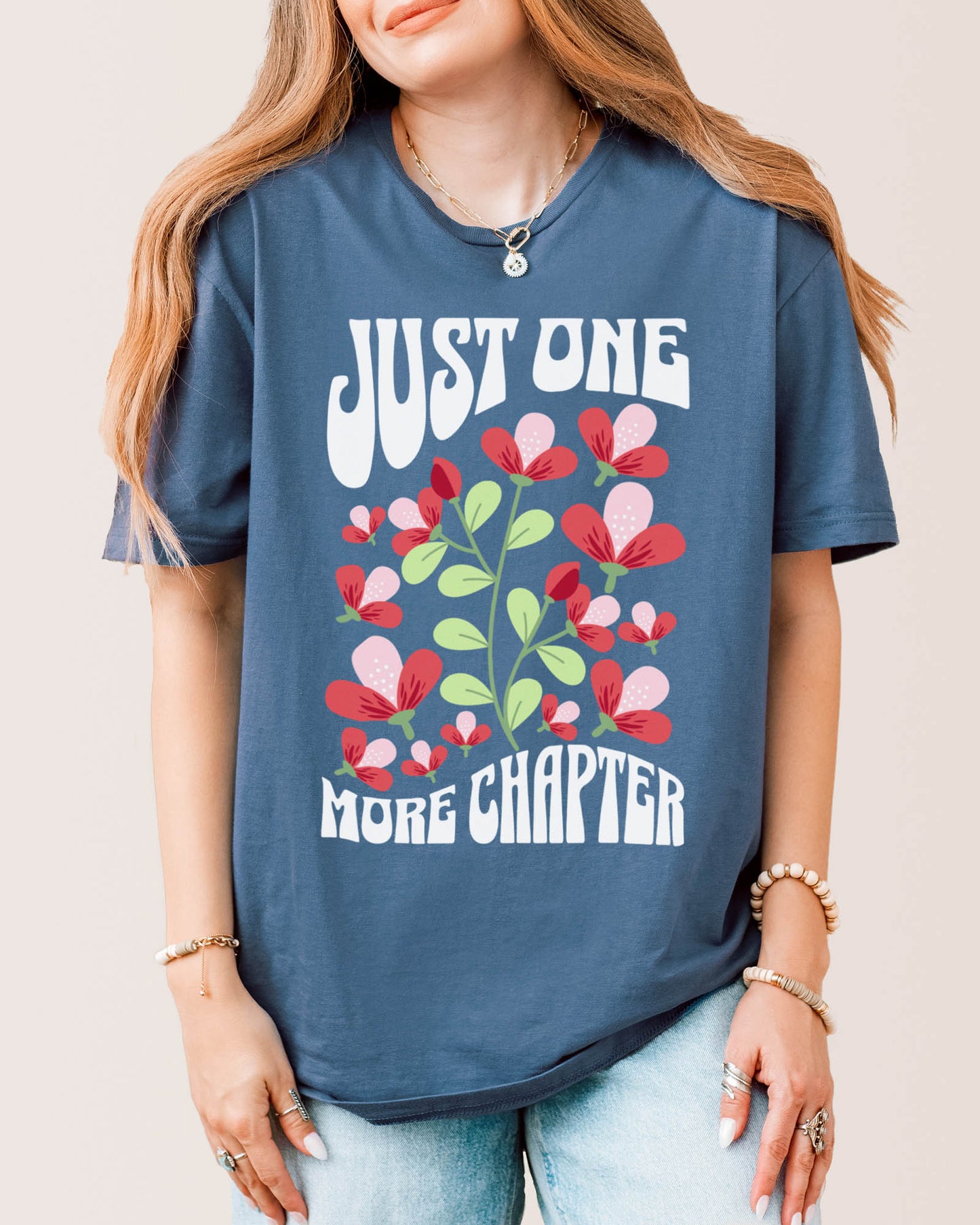 Just One More Chapter Flower T‑Shirt Indigo Blue