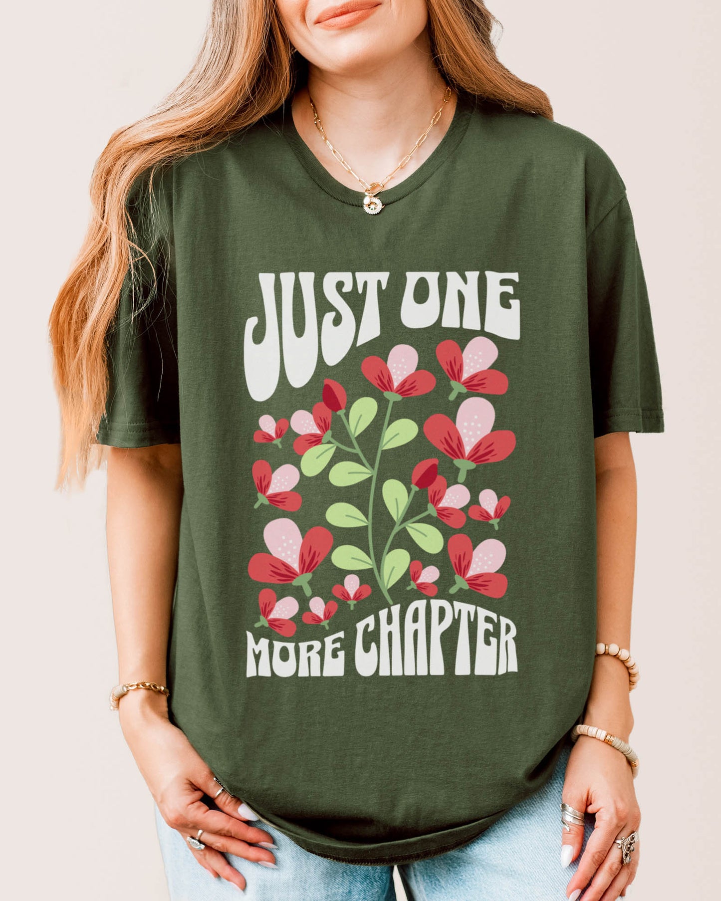 Just One More Chapter Flower T‑Shirt Military Green