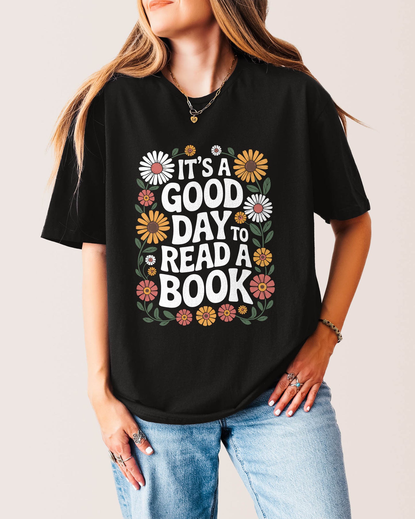 It's A Good Day To Read A Book Floral T‑Shirt Black