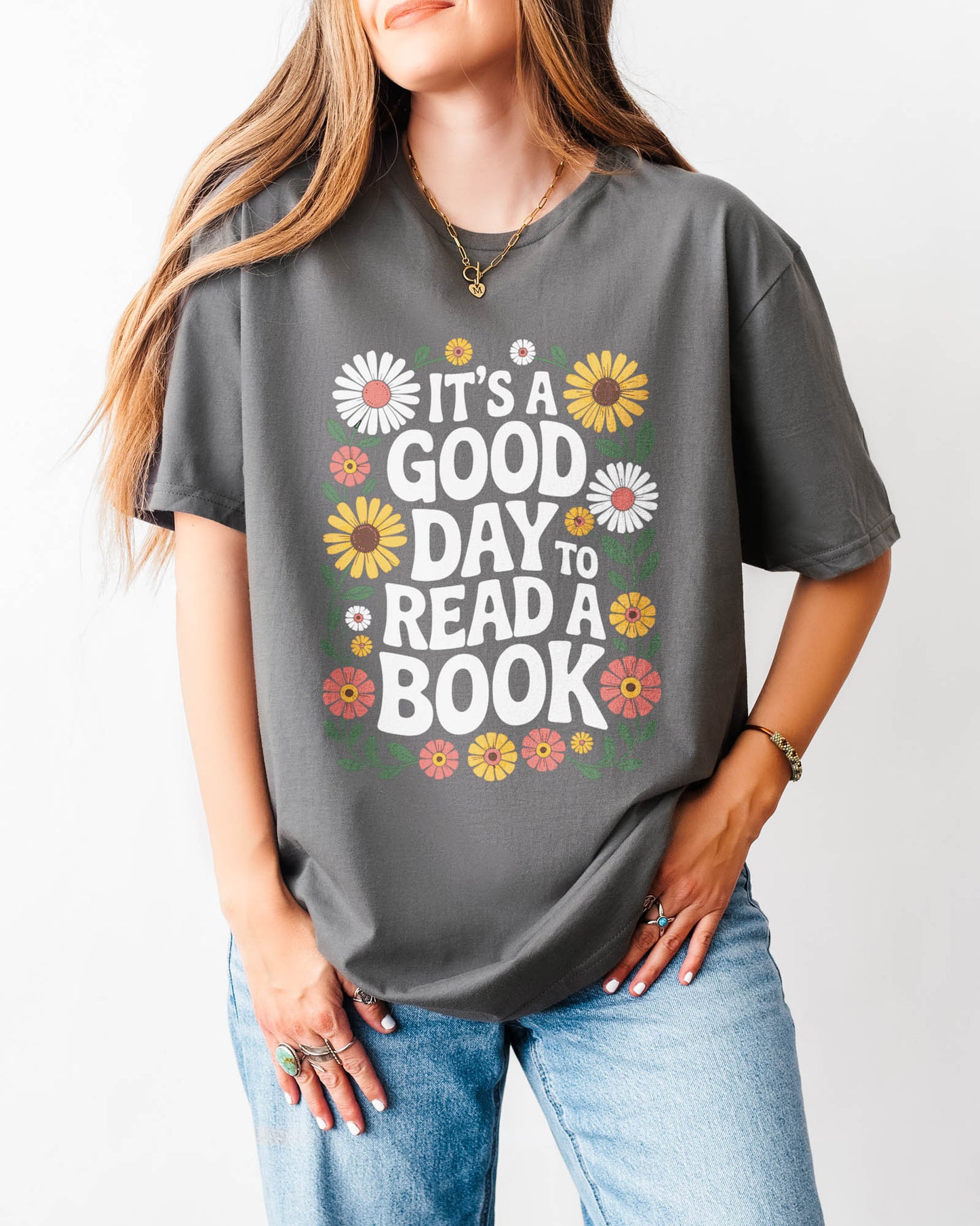 It's A Good Day To Read A Book Floral T‑Shirt Charcoal