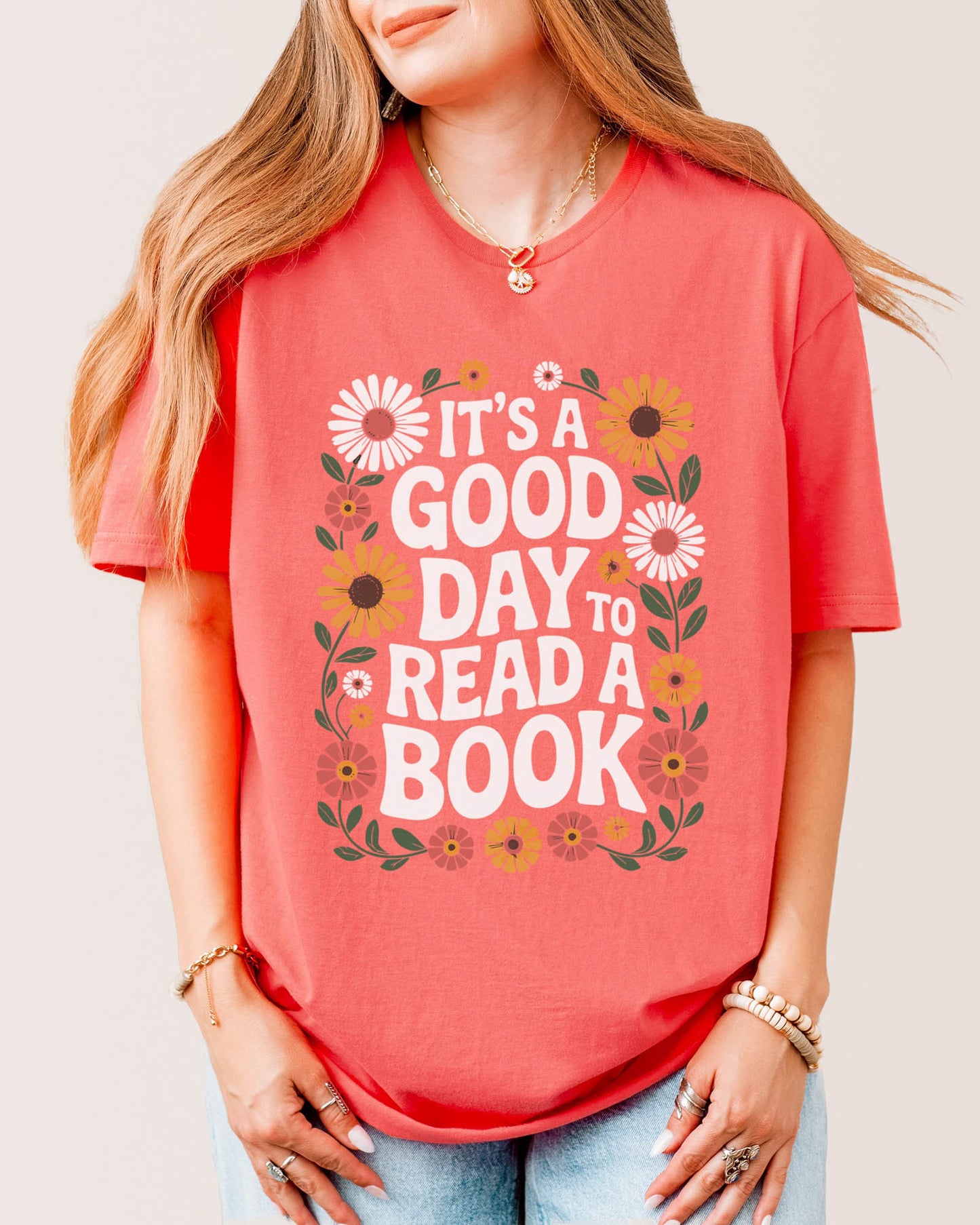 It's A Good Day To Read A Book Floral T‑Shirt Coral Silk