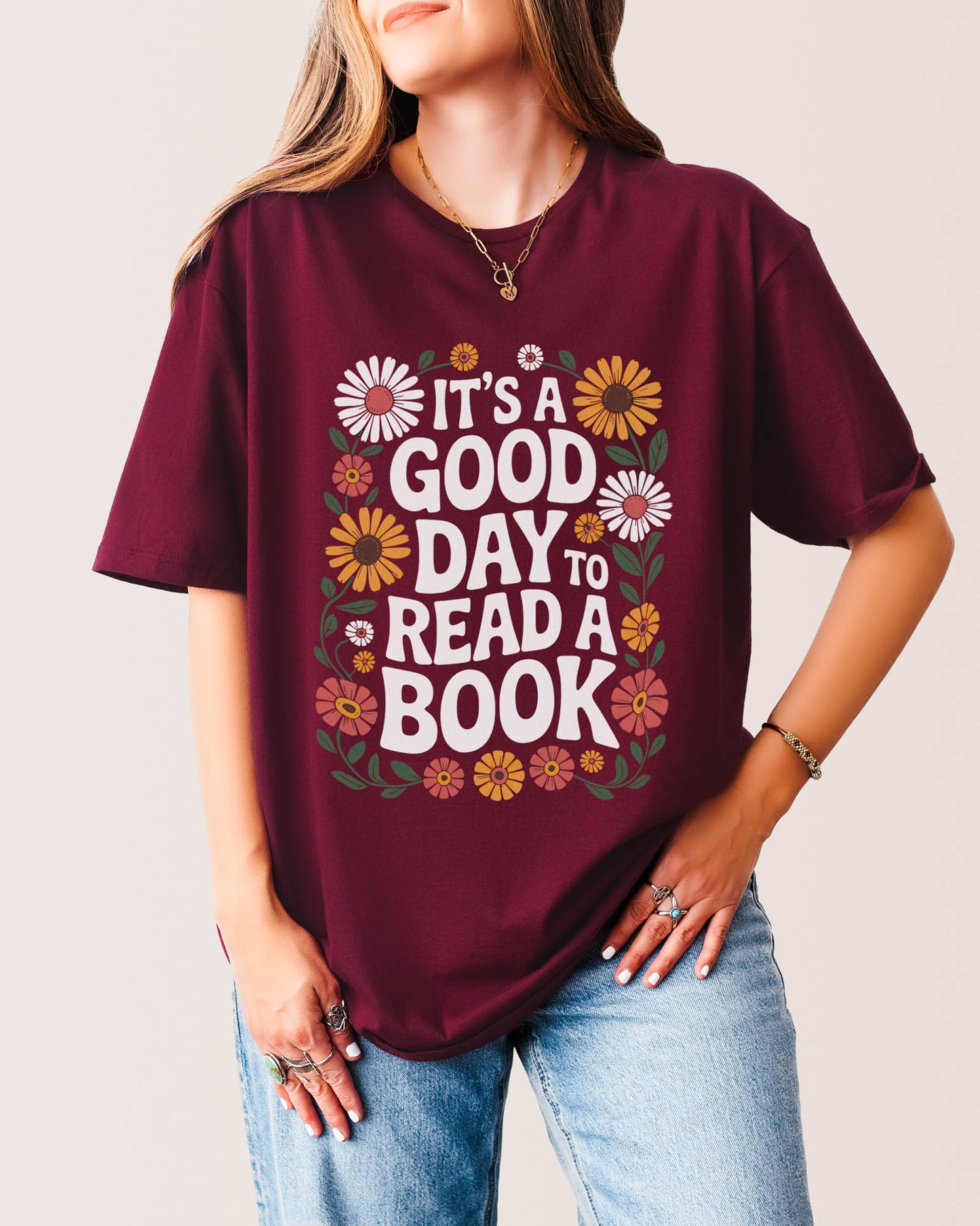 It's A Good Day To Read A Book Floral T‑Shirt Maroon