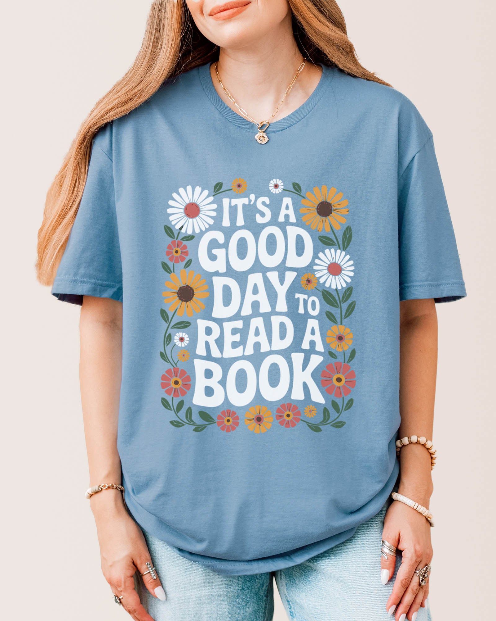 It's A Good Day To Read A Book Floral T‑Shirt Stone Blue