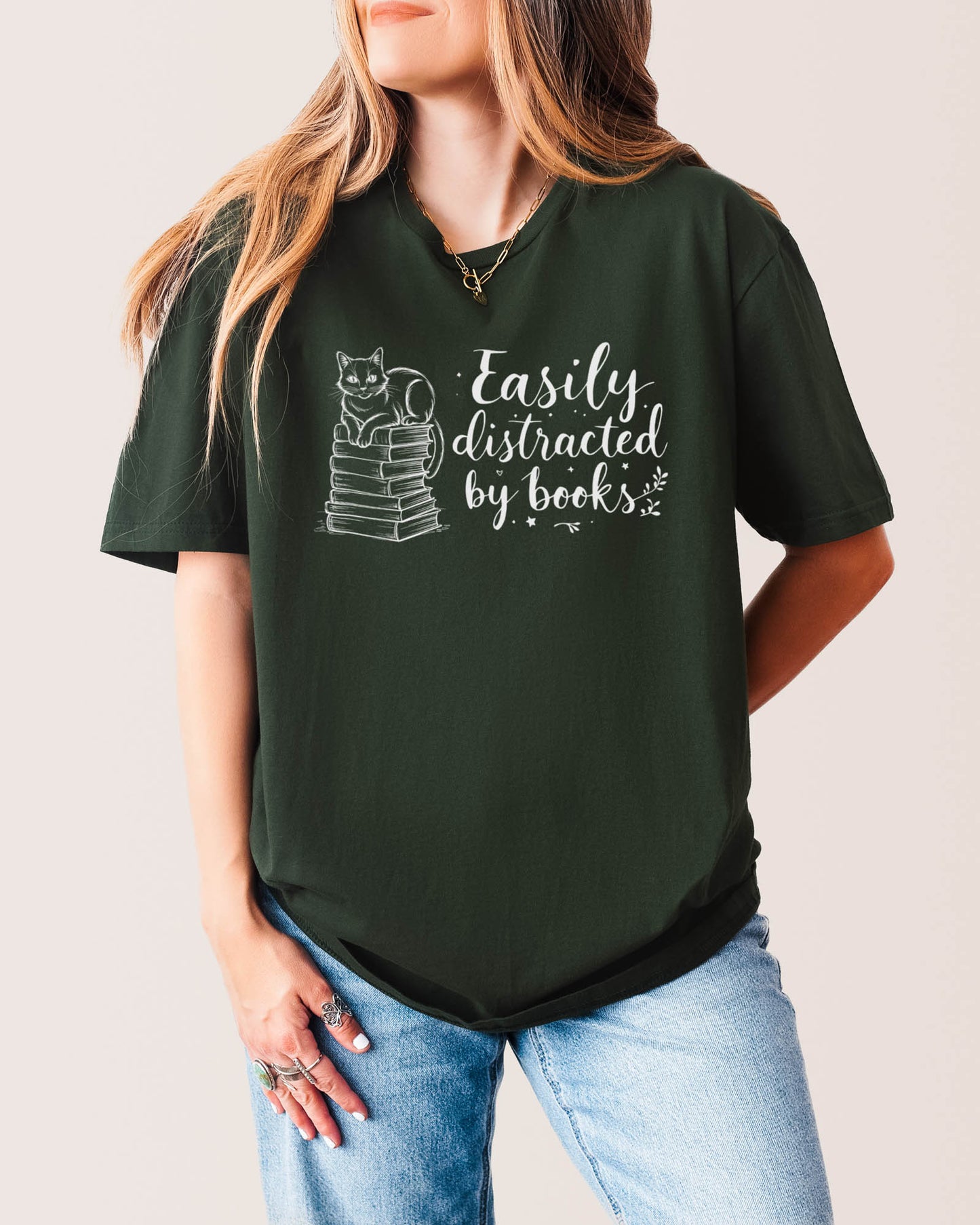 Easily Distracted By Books T‑Shirt Forest Green